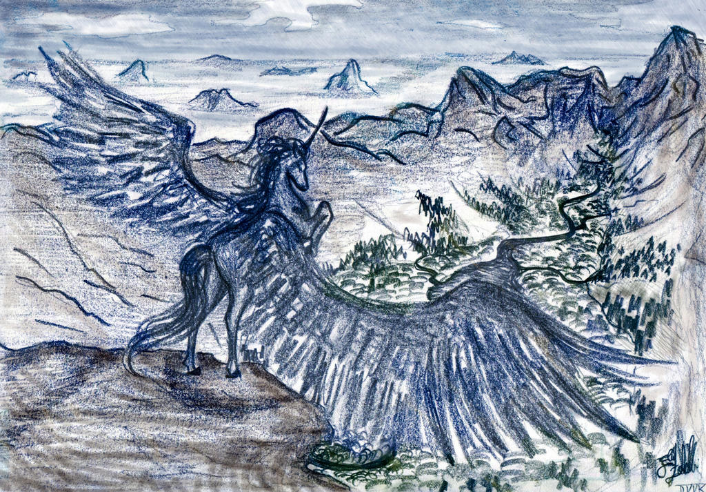 A black pegasus spread its wings in the night.
pencils, 2003 - digital color 2017