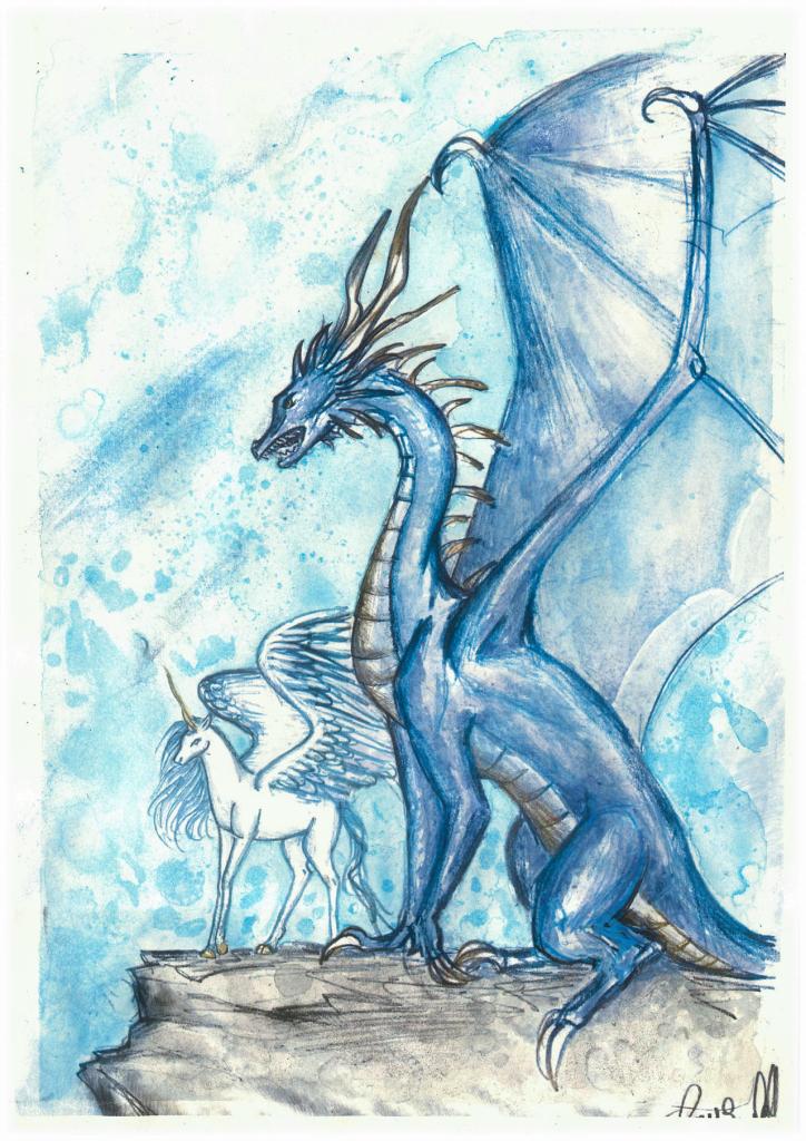 On the mountain top at the borders of the flying island, the blue dragon and the unicorn are chatting and discussing the world outside
pencil, 2002 - digital color 2017 - watercolor 2017