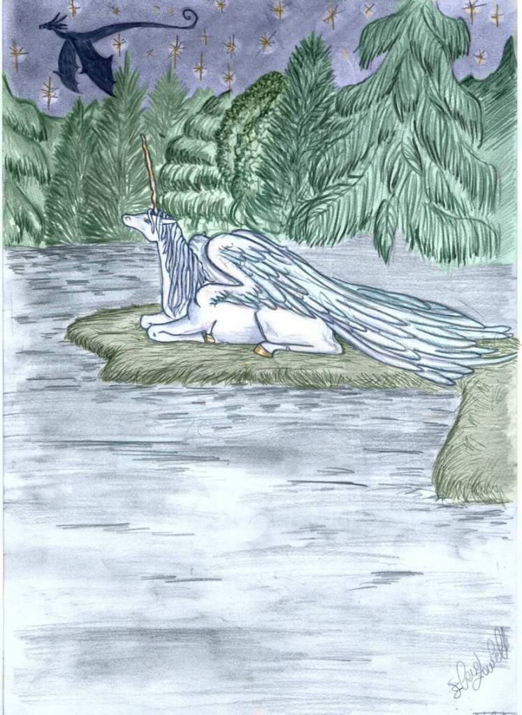 In a secret valley, a giant blue dragon is flying in the night, keeping watch on his protected, a winged unicorn.
Pencil Sketch 2002, digital color (artflow app, note4) 2017