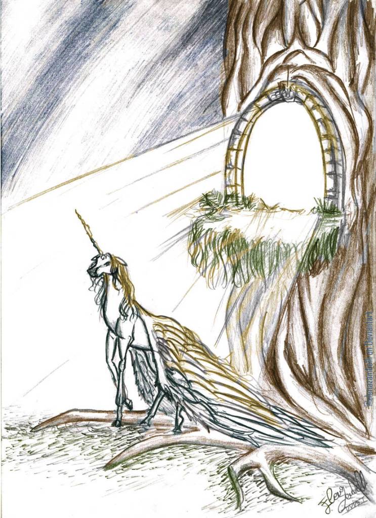 A little and graceful pegasus enters another world though a magical gate
pencils, 2002 - digital color 2017