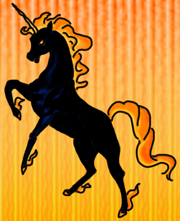 The fire incubus, the black unicorn. The rage, the wildness, the fury, the corruption of a mystical creature.
Galloping at the bottom of a crevice in the rocky mountain.
2004 - 2009
Sketched in a fight with an harpy, here a tentaive in digital coloring
If you look carefully, you fill find a blue devil smiling face on its chest, on the front