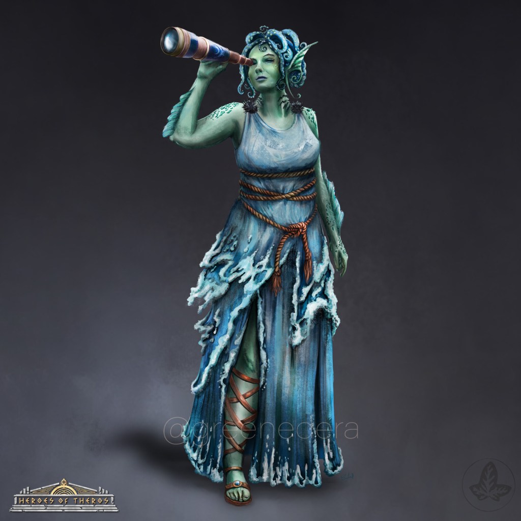 Observant Vara, a drifter led by the stars. A Symbol of Athreos on her telescope. Ambitious and kind, but with their head in the clouds. Circle of Stars Druid. 