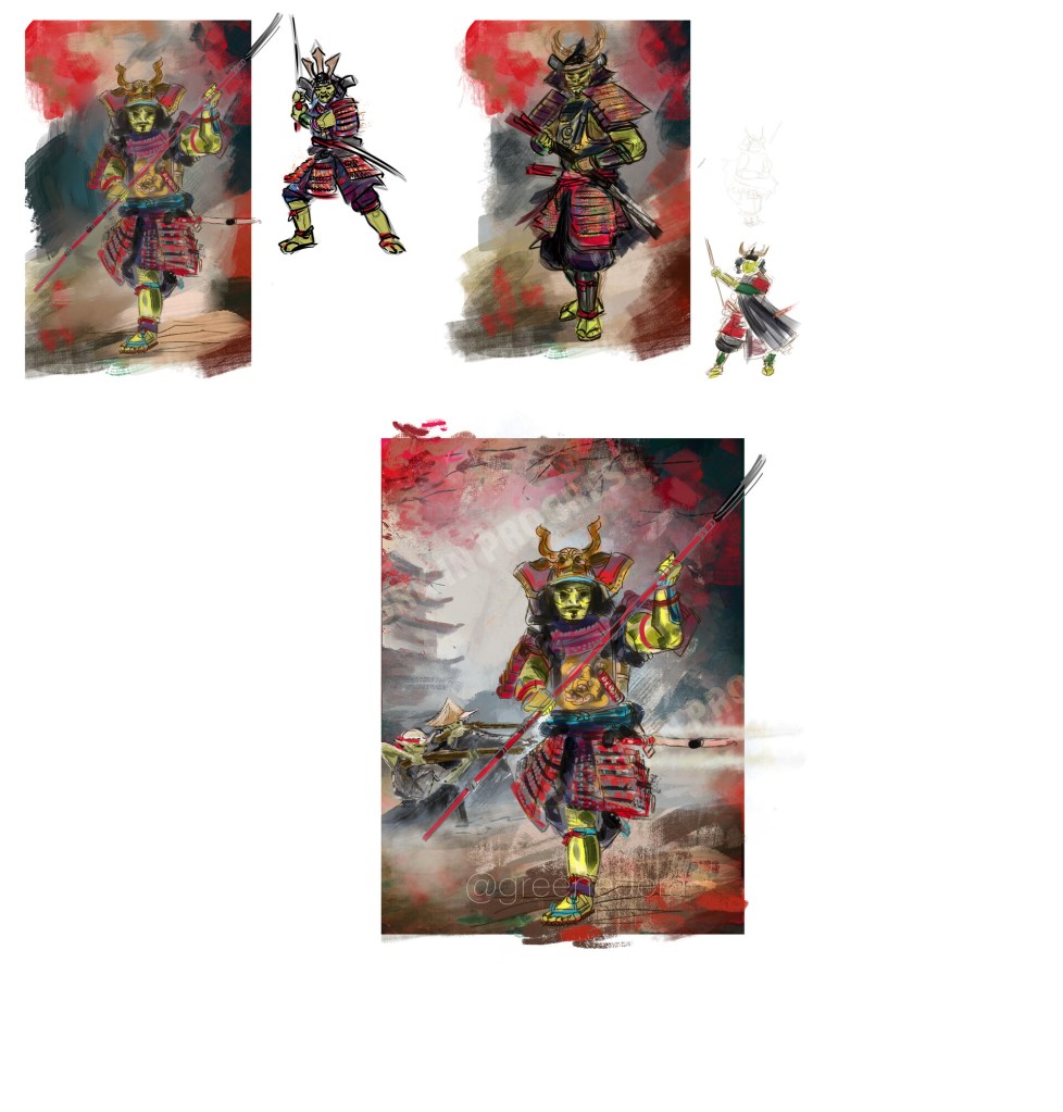 Portrait of a samurai orc wielding naginata, Katana and wakisashi. Near him, a group of faithful goblin ashigaru (pheasants armed with muskets) - commission.
The setting is a fantasy medieval Japan-like world.
digital painting, PSD, winter 2021