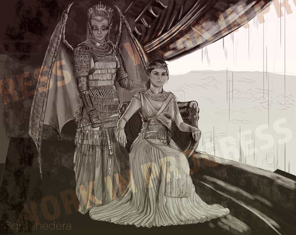 Commission portrait of two original characters: a Elder Fey'ri, Miwa and the half-elf Fawn from "Children of Hell," a novel by Steven D. Weber.