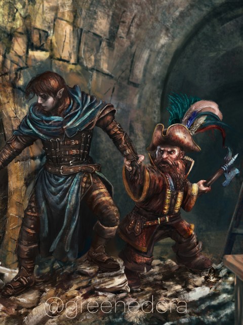 An unexpected encounter Nangus the dwarf and Fflamddwyn the half-drow went to explore an underground tunnel, when they met something unexpected: a rust monster! One grabs the other and pulls him back, ready to escape. Commissioned for "Children of Hell," a novel by Steven D. Weber aka Winterhawk. You can read their story: Children of Hell Desperation Book I. Dungeons and Dragons setting.