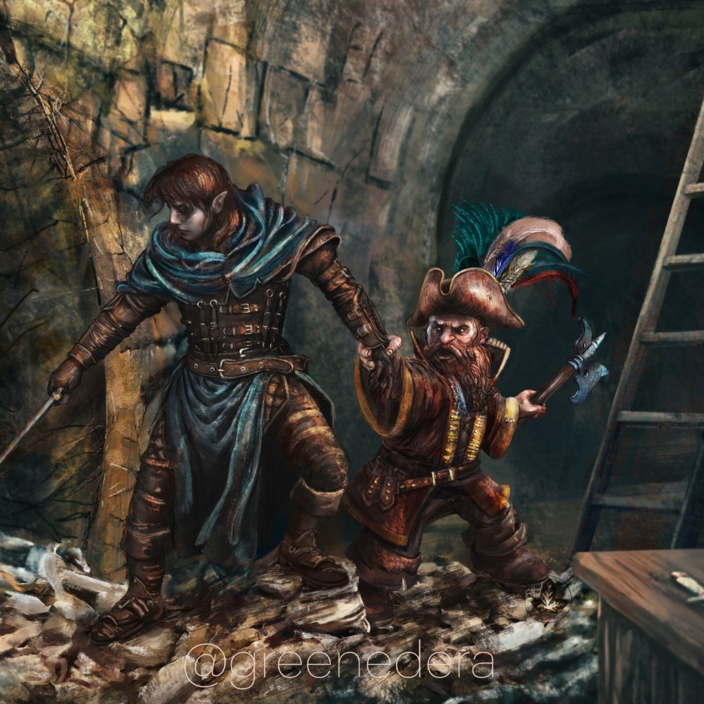 An unexpected encounter Nangus the dwarf and Fflamddwyn the half-drow went to explore an underground tunnel, when they met something unexpected: a rust monster! One grabs the other and pulls him back, ready to escape. Commissioned for "Children of Hell," a novel by Steven D. Weber aka Winterhawk. You can read their story: Children of Hell Desperation Book I. Dungeons and Dragons setting.