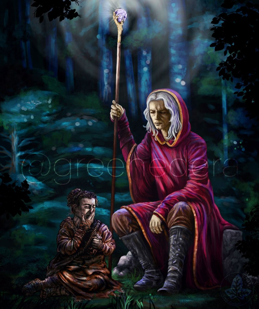raistlin majere dragonlance and bupu the gully dwarf digital painting by greenedera 