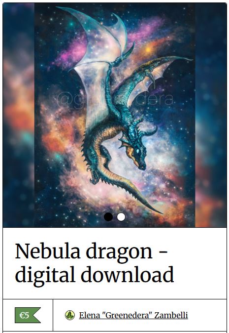 Nebula dragon is a digital painting created with meticulous attention to detail. This cosmic painting captures the ethereal beauty of space with vibrant colors and intricate design, and the magic of a dragon drifting among planets and stars.